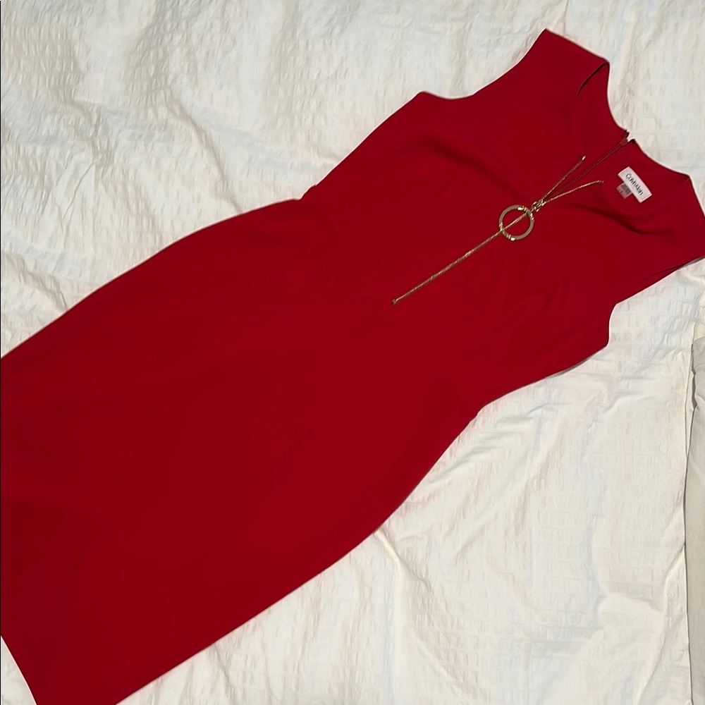 Calvin Klein Red Sleeveless Mock Neck Sheath Dress